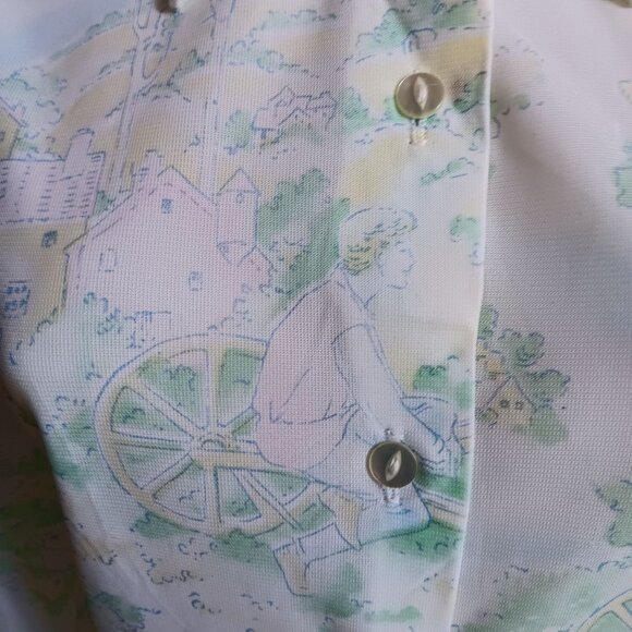 Small 32 Vintage 70's Sheer Nylon Disco Shirt Blouse Scenic Country Print Green - Picture 8 of 10